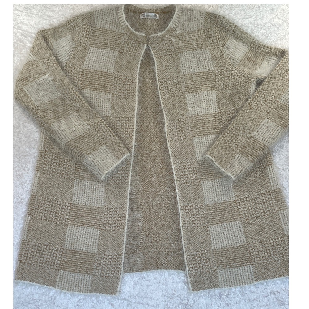 89th + Madison Cardigan Womens Large Tan Checkered Eyelash Knit Open Front EX